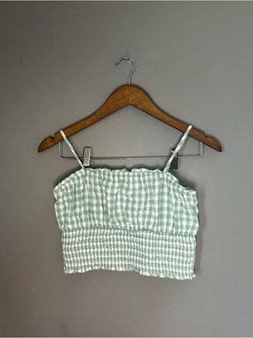 American Eagle Gingham Smocked Crop Top Green White Size Small Cottagecore